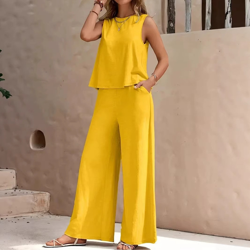 2026 Cross-Border Hot-Selling Women's Two-Piece Set Round Neck Sleeveless Vest Wide-Leg Pants Casual Versatile Solid Color Long Pants Set