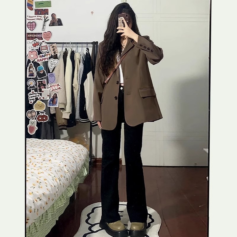 咖色西装外套女小个子2025秋季新款韩版休闲宽松显瘦高级感西服|undefined