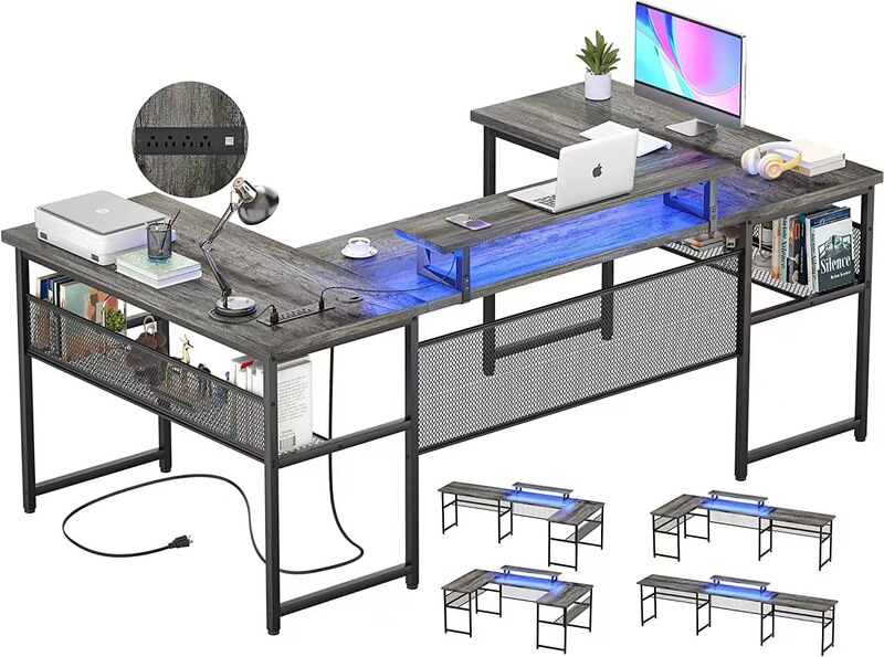 U-Shaped Computer Desk, Double-Sided Office Desk with Led Light Bar and Power Socket with Monitor Stand and Storage Cabinet U-Shaped Computer Desk, Double-Sided Office Desk with Led Light Bar and Power Socket with Monitor Stand and Storage Cabinet