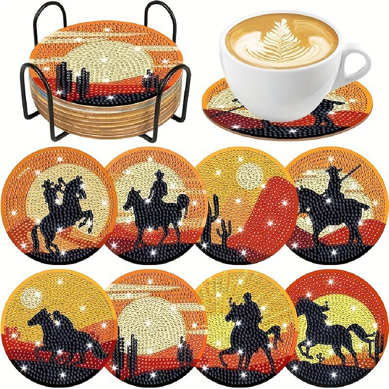 Ventas transfronterizas calientes de 8 piezas de conjunto de cojín de taza de arte de diamante, con soporte, pequeño conjunto de pintura de diamante, adecuado para adultos