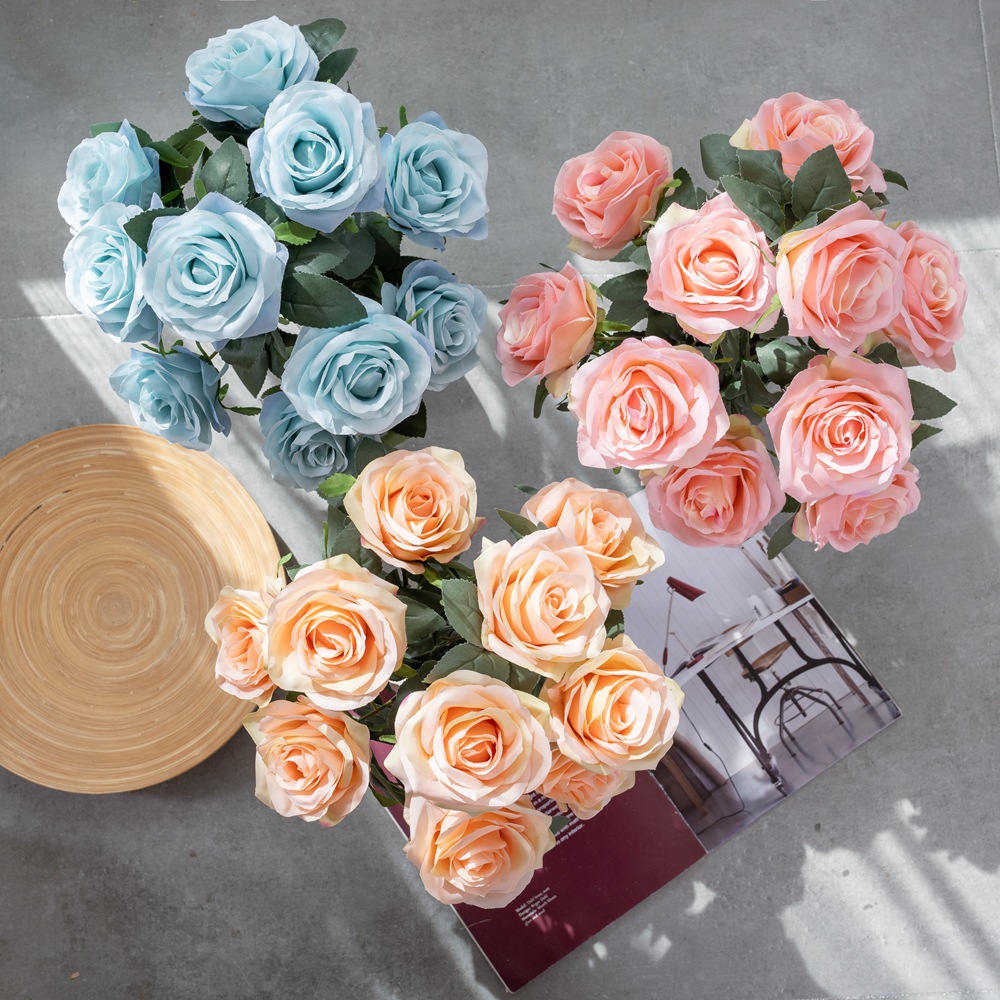 10頭玫瑰花束廠家植物仿真花手捧花外貿家庭裝飾婚慶假花MW23313