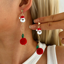 圣诞节时尚创意简约长款不对称圣诞老人毛球耳钉批发