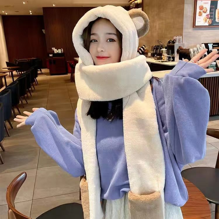 Bear Scarf Three-piece Set Women's Autumn and Winter Scarf Scarf All-in-One Hat Seto Rabbit Hair Hooded Gloves Cute Thickened Warm