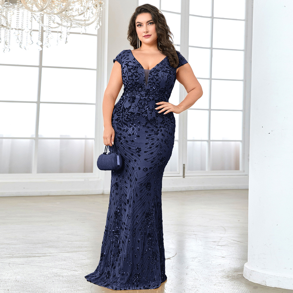 European and American plus size New sequined evening dress women's banquet sexy temperament slim fishtail dress long toast dress