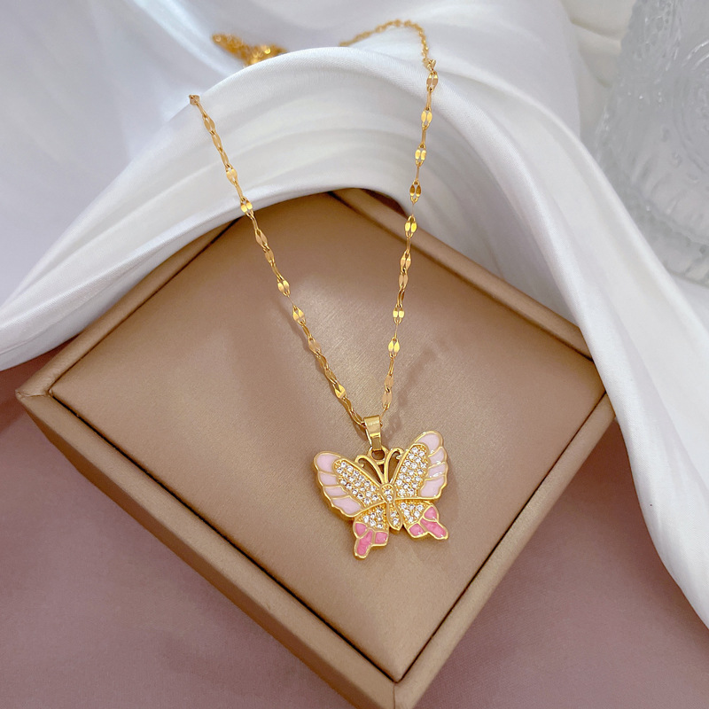 Fashion Butterfly Titanium Steel Copper Inlay Artificial Diamond Pendant Necklace display picture 3