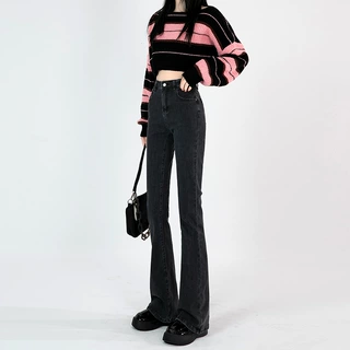 灰色微喇牛仔裤女2025新款高腰显瘦马蹄裤修身小个子喇叭裤子秋季