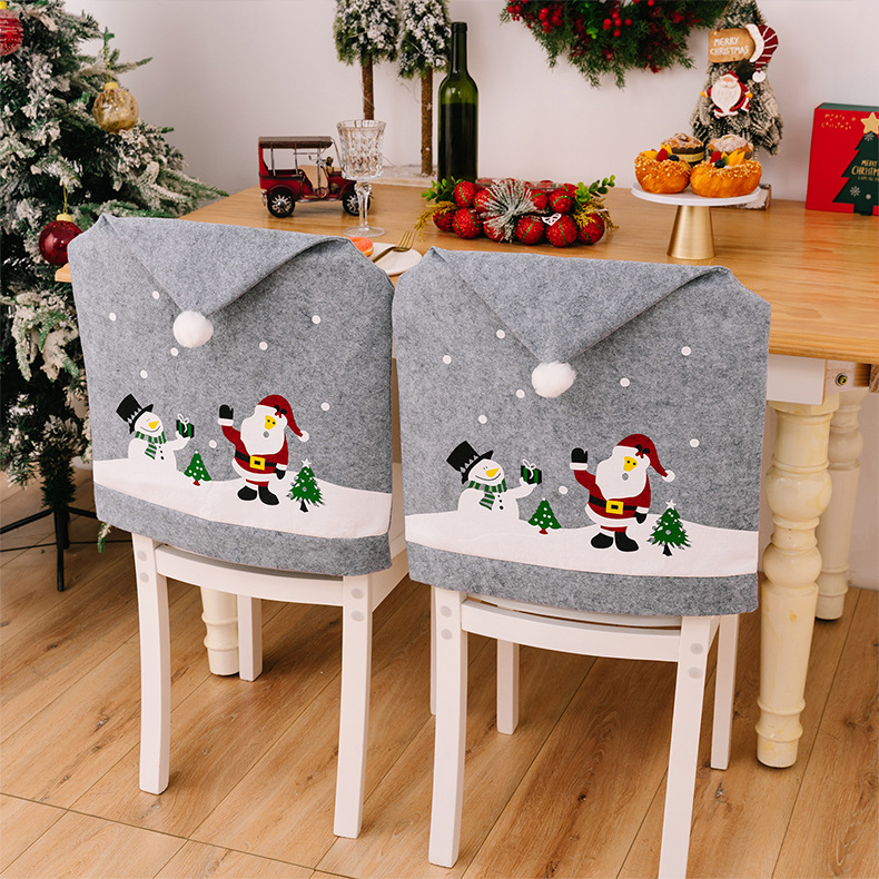 Weihnachtsdekoration für zu Hause, grau, bedruckt, Stuhlhusse für ältere Menschen, Schneemann, Vlies-Stuhlhusse, Weihnachtsmütze_voghion.com