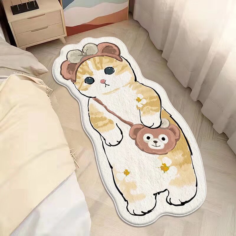 漫画の寝室のじゅうたんの猫はカシミヤの異形のベッドのへりのじゅうたんのかわいい少女のベッドの尾のじゅうたんの家庭用の窓のマットをまねます。|undefined