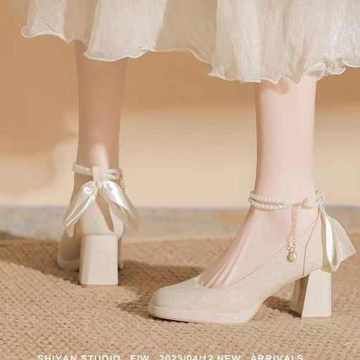 Waterproof Platform Thick-Soled High-Heeled Shoes for Women 2025 New French Champagne Color Wedding Shoes Bridal Shoes Thick-Heeled Mary Jane Shoes