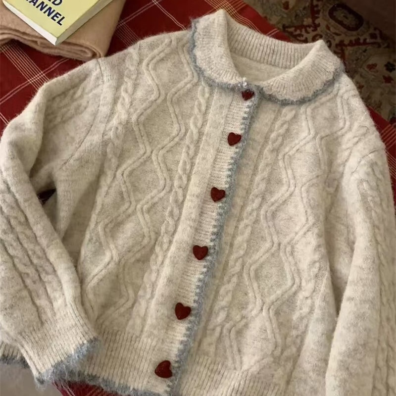 Gentle Style Heart Button Sweater Women's Cardigan Spring Casual Knitwear Jacket Right Shoulder Slimming Look Lazy Style Top
