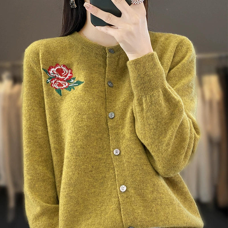 Вышитый шерстяной кардиган с круглым вырезом маленький ароматный ветер базовый свитер