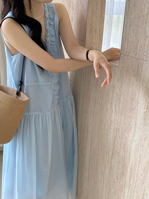江左韓国スタイル怠惰なスタイルスカート V ネックドレス女性の夏の菌カジュアルノースリーブベストロングスカート 1575|undefined