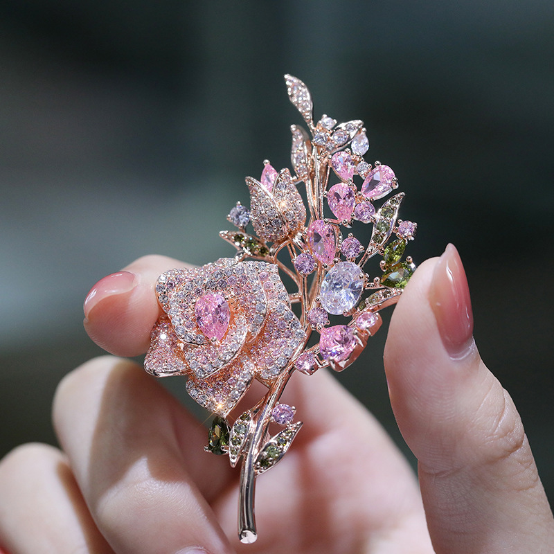 Factory Outlet High-end Retro Heavy Industry Inlaid Color Rose Zircon Brooch Women's High-end Live Flower Pin
