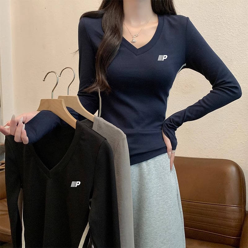 봄, 가을 여성용 아메리칸 블랙 브이넥 긴팔 티셔츠, 슬림핏, 달콤하고 매운 여아 사이드 스트라이프 밑단 셔츠 탑