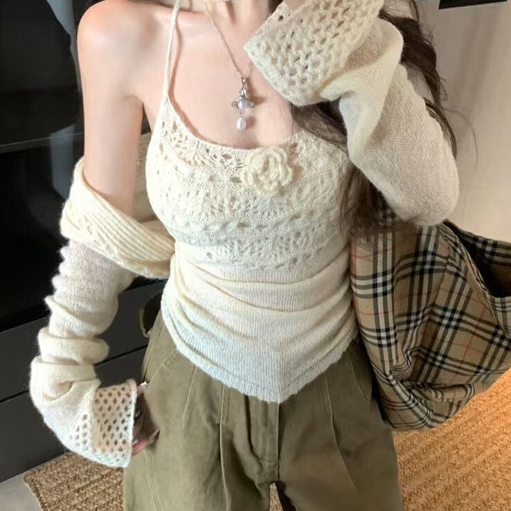 镂空设计感短款针织开衫显瘦挂脖吊带背心女2025早秋新款时尚套装|undefined