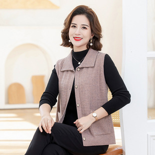 Middle-aged and elderly mother's clothing spring and autumn Vest Women's lapel sweater knitted waistcoat cardigan grandma short coat women