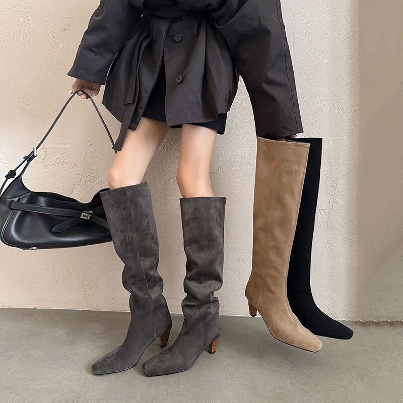 Blogger Outfit~! Genuine Leather French Square-Toe High-Heeled Wide-Leg Slimming Knee-High Slouch Boots Gray Long Boots Women's Boots
