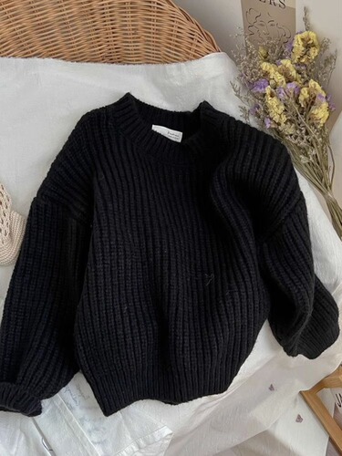 Children's Spring and Autumn Sweater  Korean Style Kids Autumn Round Neck Knit Hat Short Sleeve Thick Warm