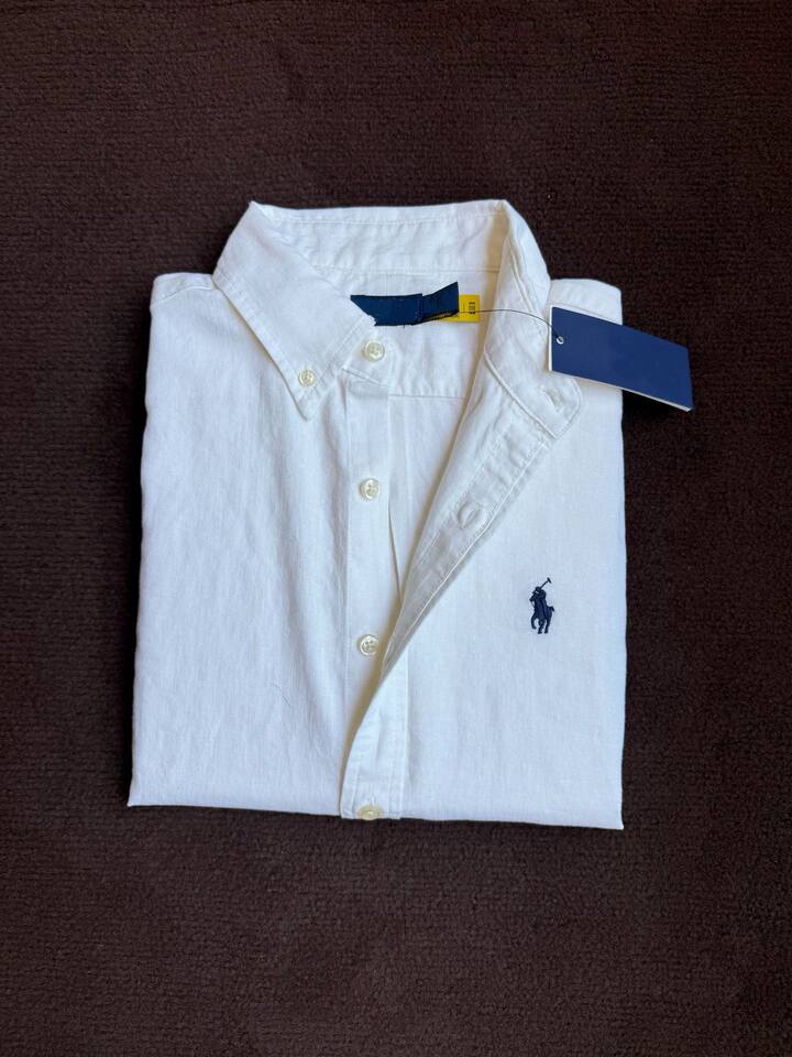 Áo sơ mi nữ tay dài cổ ve thêu hình ngựa nhỏ chất liệu lanh phối cotton dáng suông — Nâng cấp trắng tinh khiết