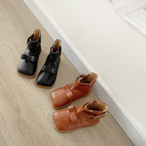 Korean girls' square toe mid-calf leather boots  autumn and winter new style short boots single boots British Martin boots