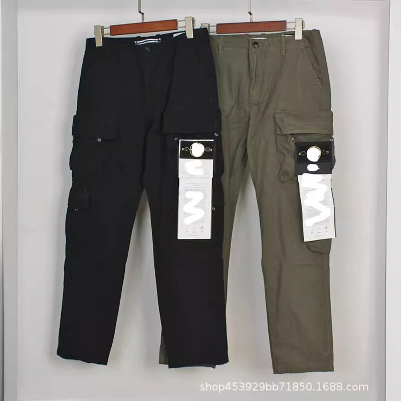 Cross-Border Stone Stone Multi-Pocket Badge Pants Solid Color Washed Straight-Leg Pants Casual Pants Long Pants Cargo Pants
