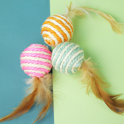 Cat toy manufacturer wholesale feathered sisal ball pet toys, scratch-resistant and bite-proof, self-entertaining and boredom-relieving cat toys