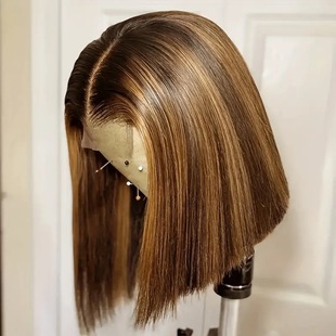 Amazon European and American fashion piano color highlight wig bobo head wig hot selling front lace full head cover