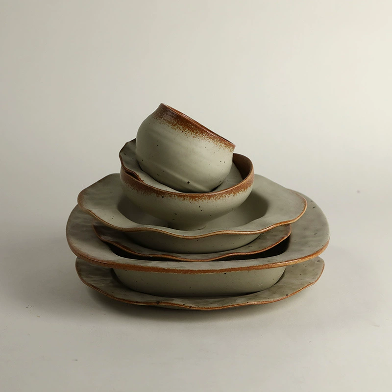 Ceramic tableware set "Lotus Field", rustic speckled glaze, soup/plates/bowls