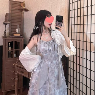 2025新款烟雨墨染灰色扎染吊带连衣裙清冷感仙女裙夏开衫两件套
