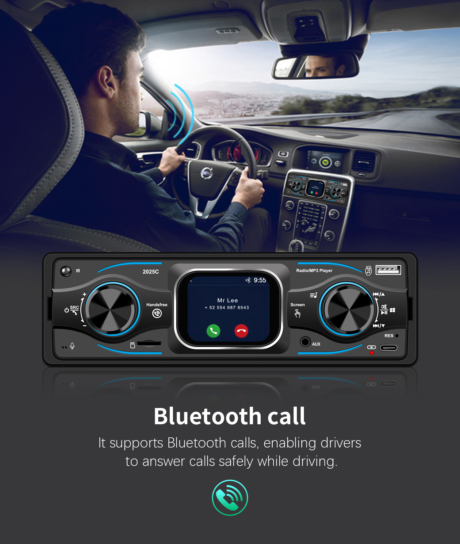 Cross-Border Single-Cylinder Touch Screen with Time Display Car Bluetooth Mp3 Player Car Central Control Radio 2025C