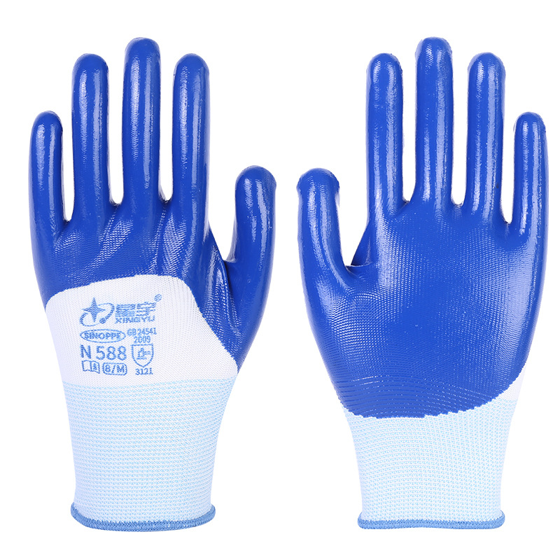 Guantes impregnados de nitrilo en stock al por mayor Xingyu guantes de protección laboral guantes de nitrilo de inmersión total guantes de goma de nylon de 13 pines