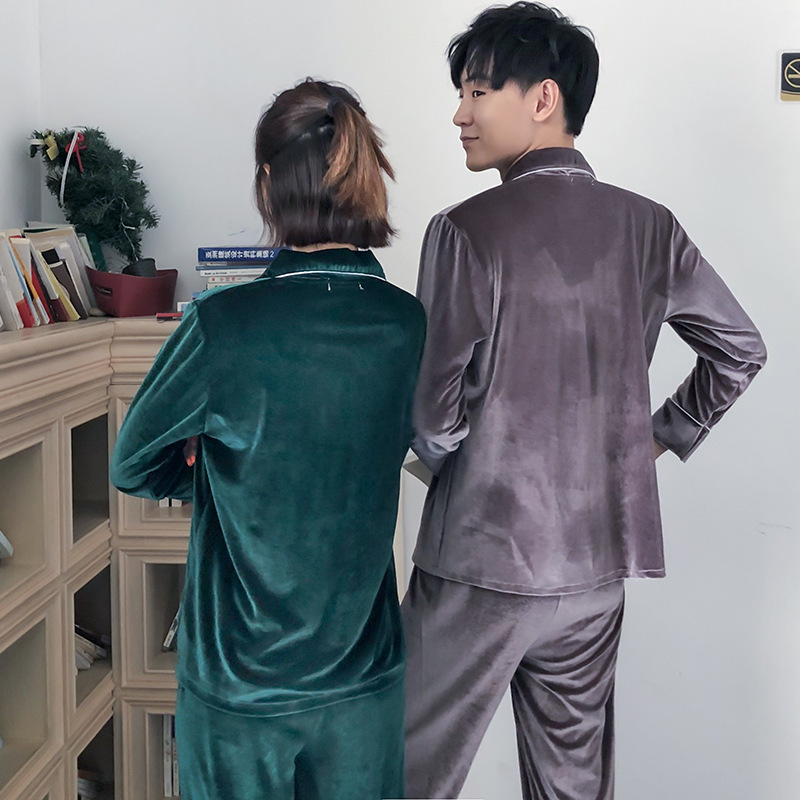 Coreano terciopelo pareja pijamas de las mujeres Otoño e Invierno de manga larga cardigan oro terciopelo cardigan simple ropa de hogar traje de los hombres más el tamaño