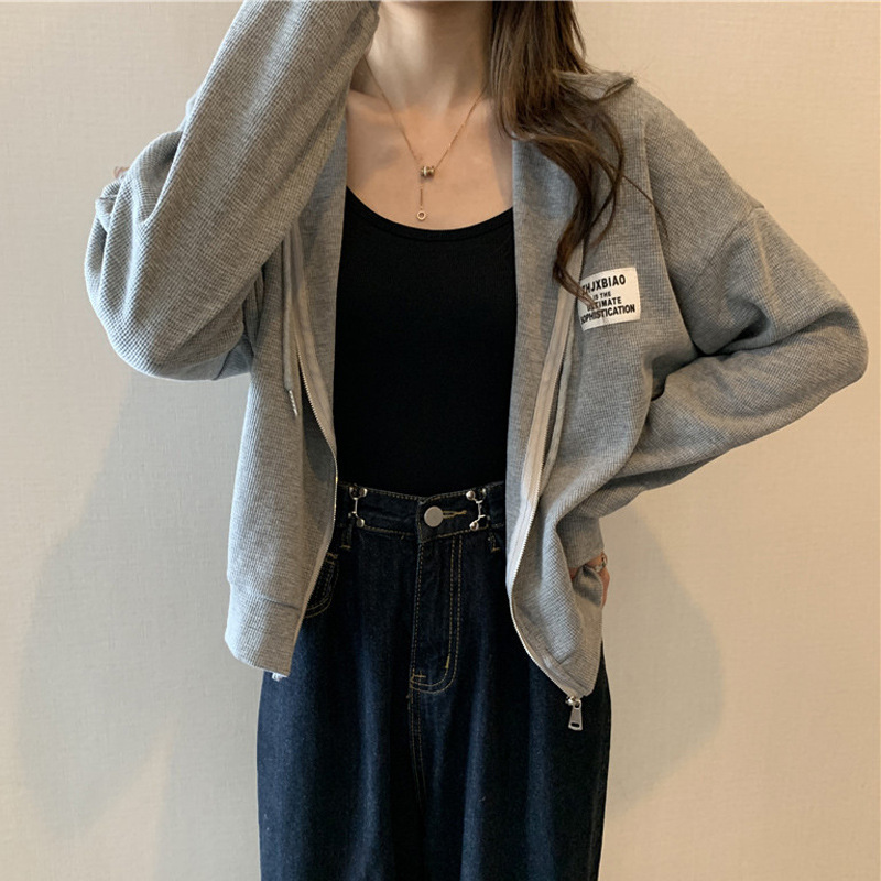 Cross-border European and American Sweater Women's Spring and Autumn Thin Loose Short Long-sleeved Hooded Cardigan Top Casual Sports Jacket Cross-border European and American Sweater Women's Spring and Autumn Thin Loose Short Long-sleeved Hooded Cardigan Top Casual Sports Jacket