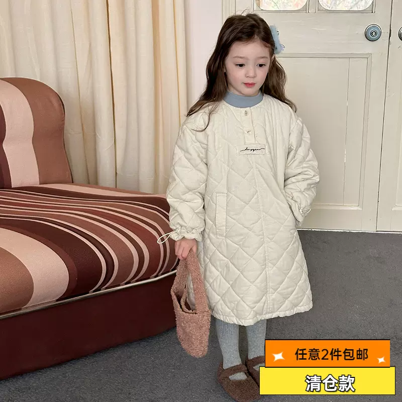 【清仓款】儿童加厚夹棉花边袖口连衣裙女童菱格中长款贴标裙子