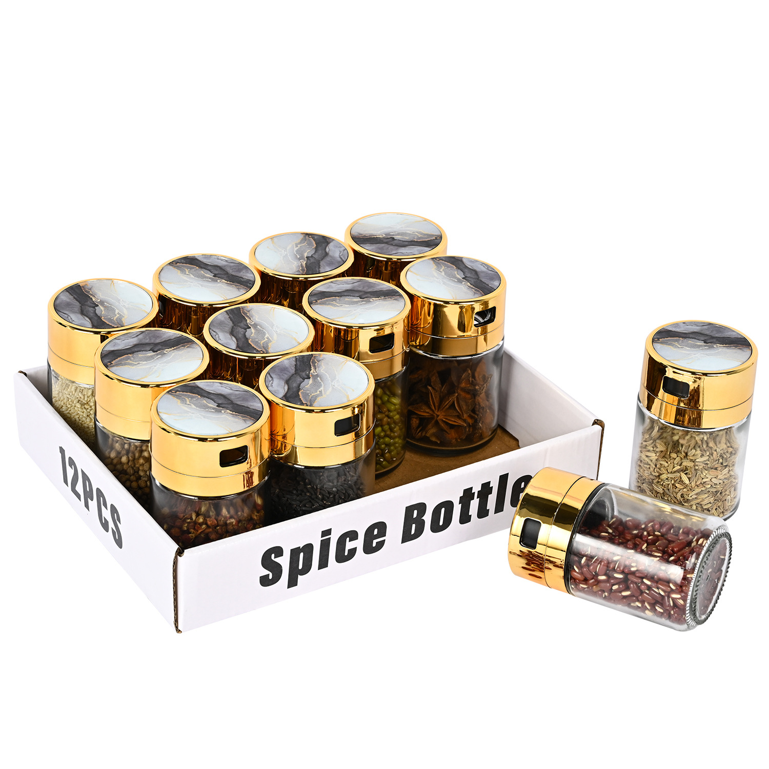 Venta caliente transfronteriza cocina de acero inoxidable Luz de lujo de vidrio condimento tarro traje hogar sellado de vidrio condimento tarro al por mayor