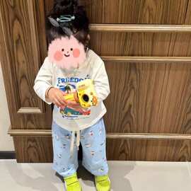 女童秋季套装2025秋季新款卡通可爱KT猫印花长袖宽松猫咪阔腿裤潮