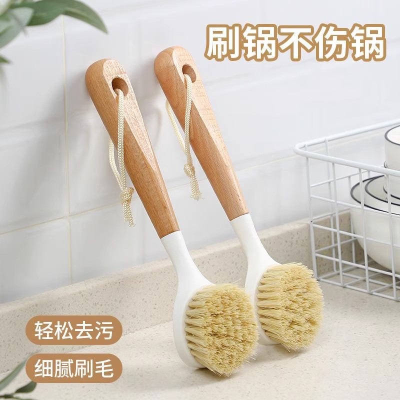 Pot Brush for Home Kitchen, Dishwashing Brush, Pot Scrubber, Long-Handle Cleaning Brush, Grease Remover, Sisal Bowl Brush