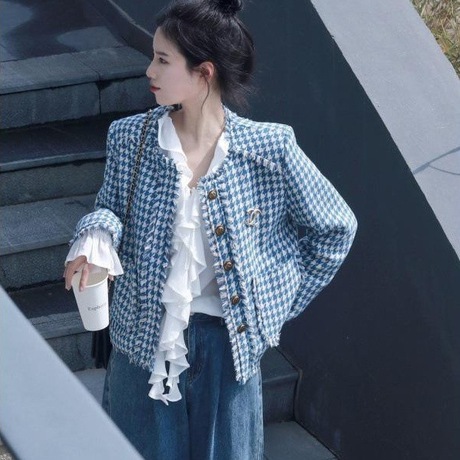 小香风外套女2023新款秋冬款小个子复古港风小众高级感千鸟格上衣