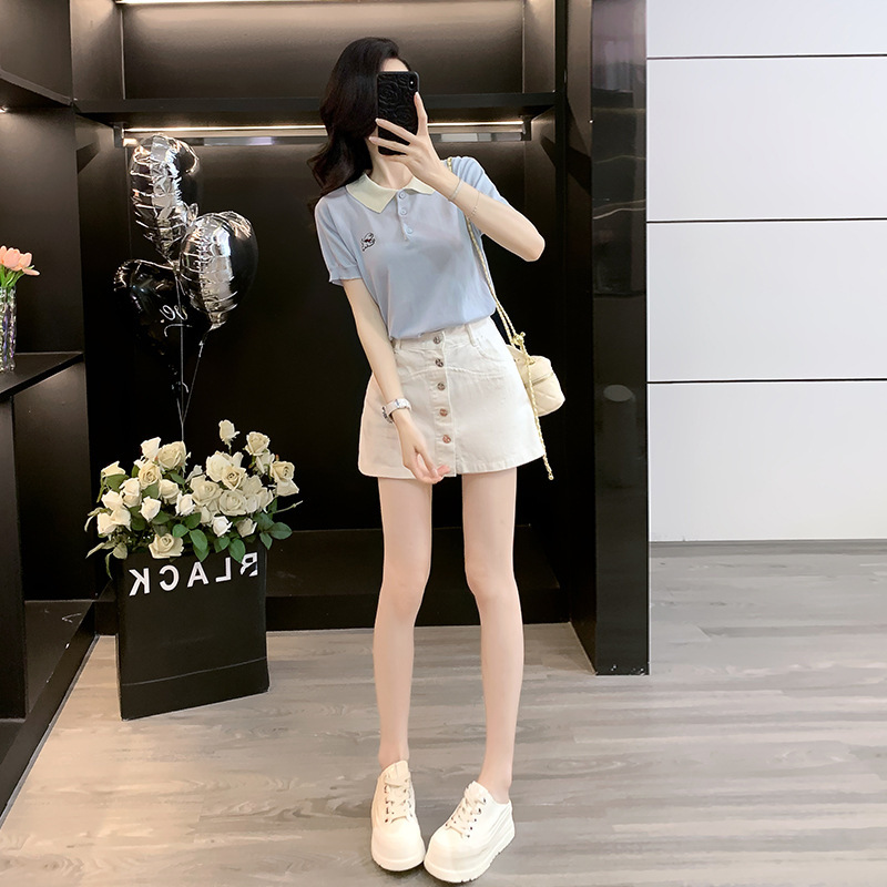 Korean Age-Reducing Knitwear Polo T-Shirt White Skirt Women's Summer Contrast Collar Short-Sleeved Casual Fashion Suit
