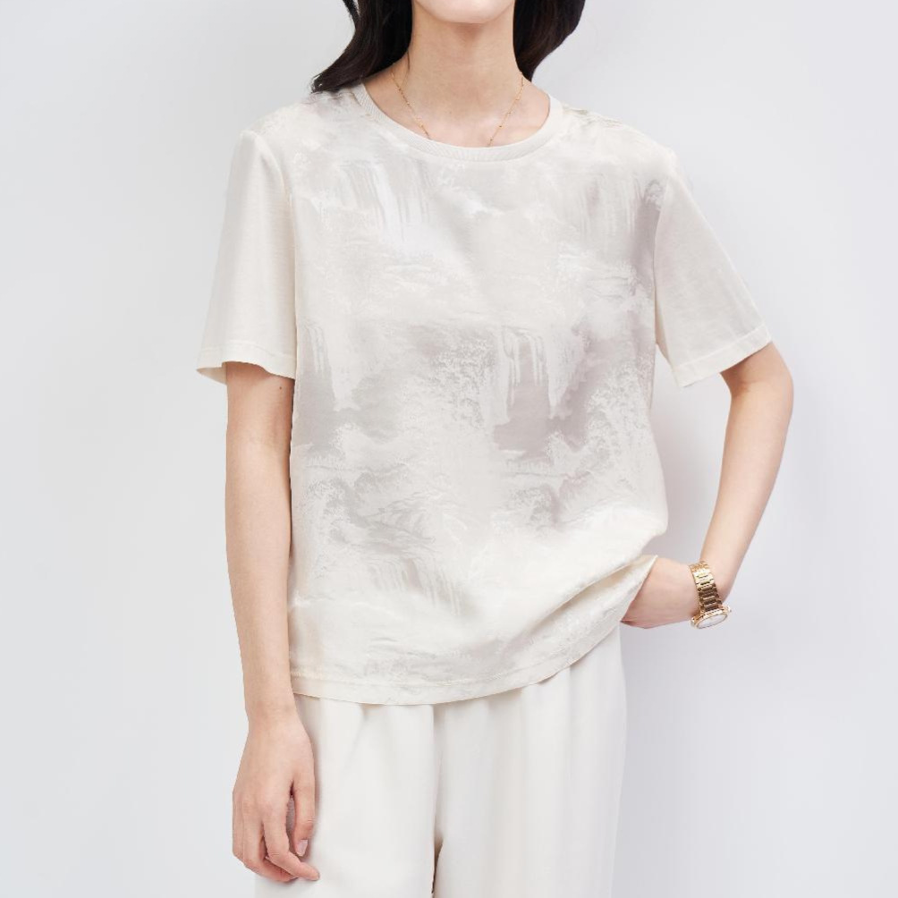 Секретный аромат Canxue Легкая роскошная футболка из тяжелого шелка, жаккарда, атласа шелковицы толщиной 19 мм с короткими рукавами, универсальный топ с круглым вырезом в национальном стиле