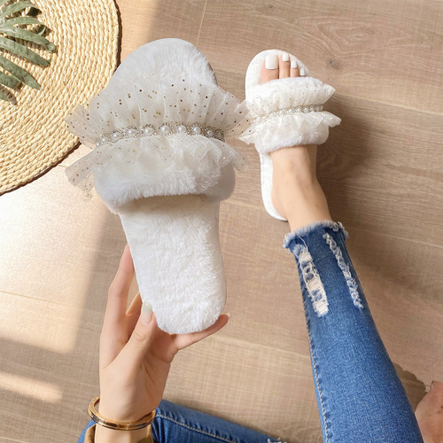 Amazon cross-border open furry slippers for women autumn and winter new home rhinestone lace floor warm cotton slippers