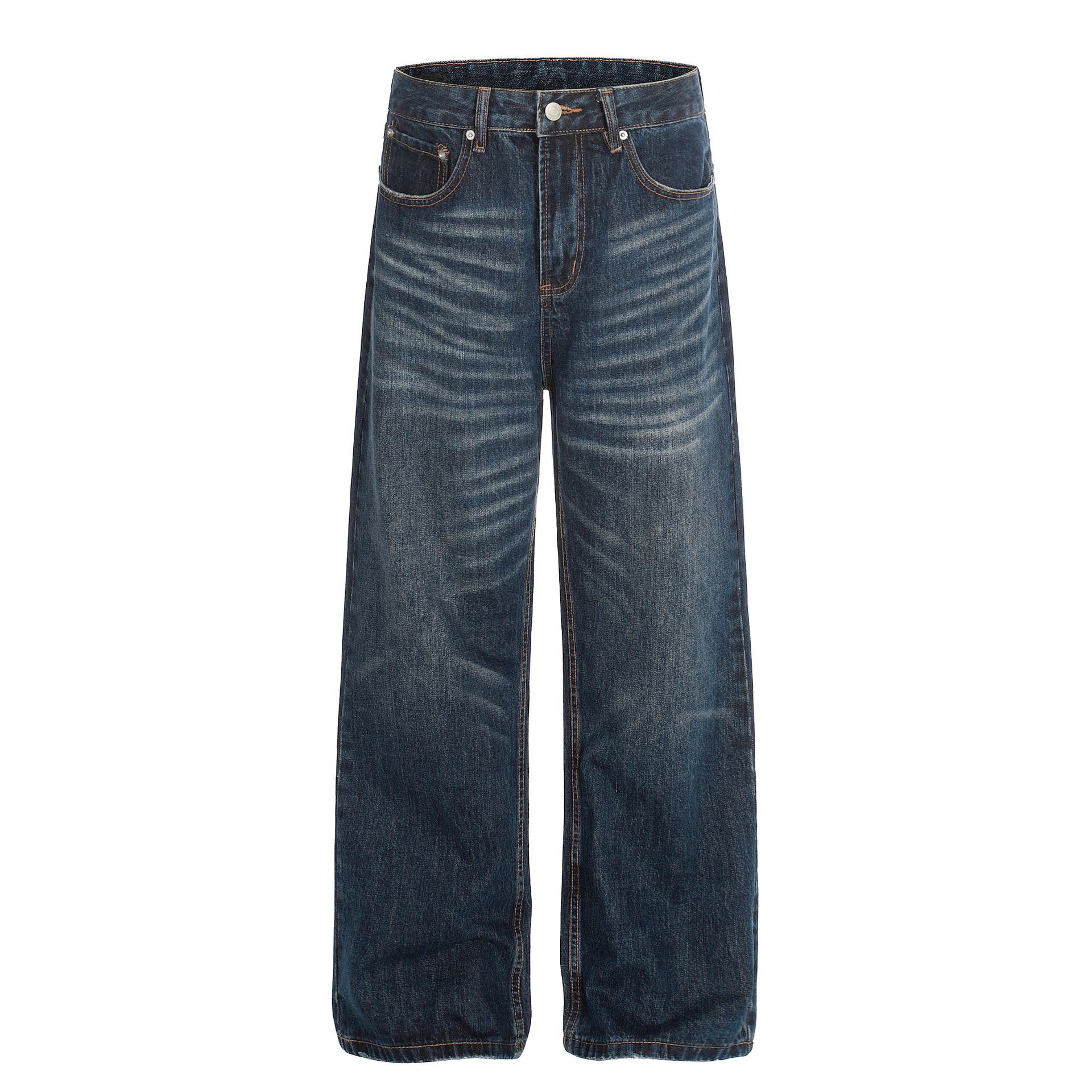 Men's Loose Fit Straight Leg Jeans Deep Blue Denim King Whisker Pattern High Street Style High End Feel_viptrois.com