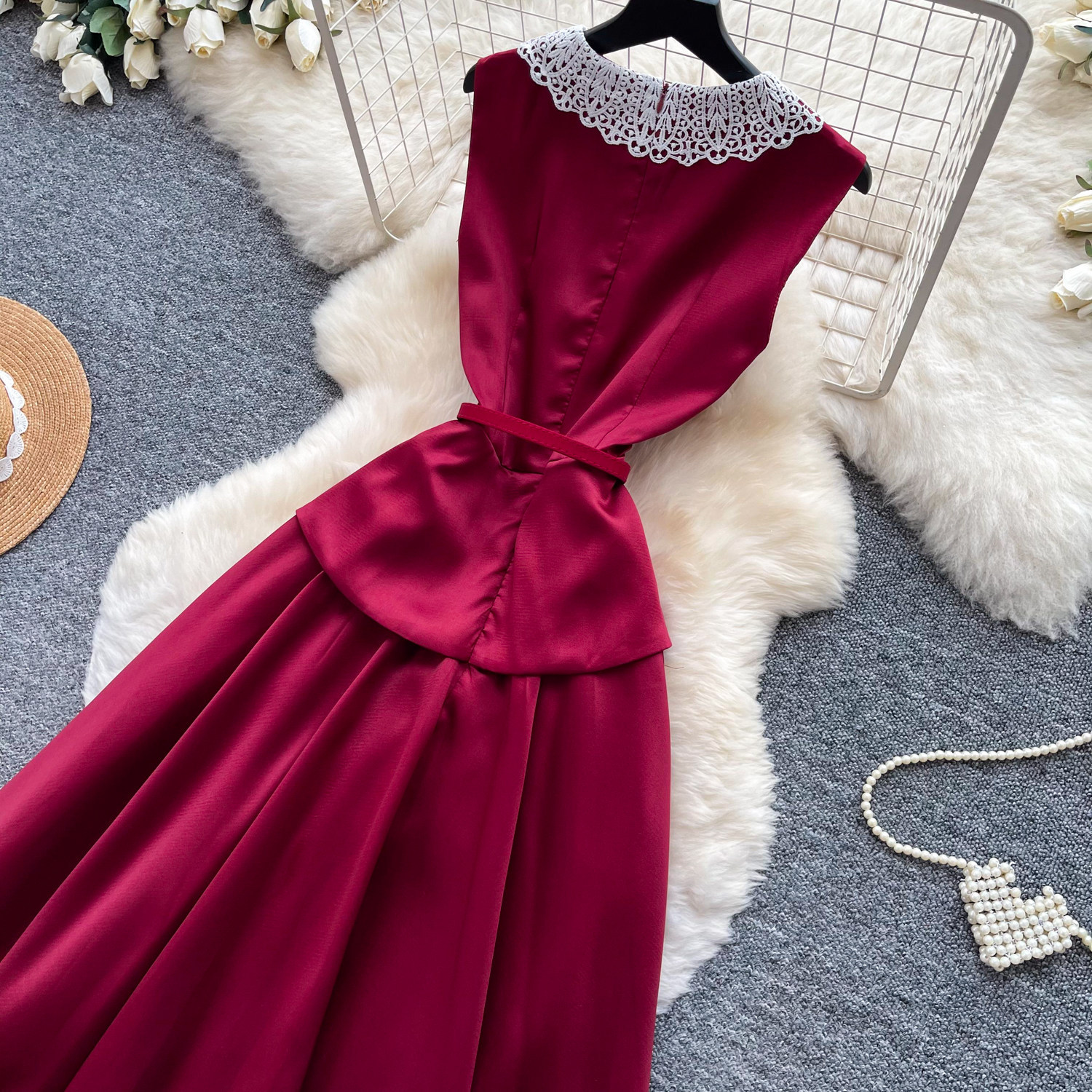 Elegant High-Waisted A-Line Dress Red Lace Peter Pan Collar Summer Commute Suitable Women's Clothing_ecoleips.com
