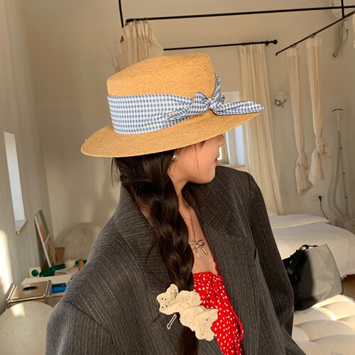 Hat women's new holiday style French bow flat-top straw hat sun protection hat