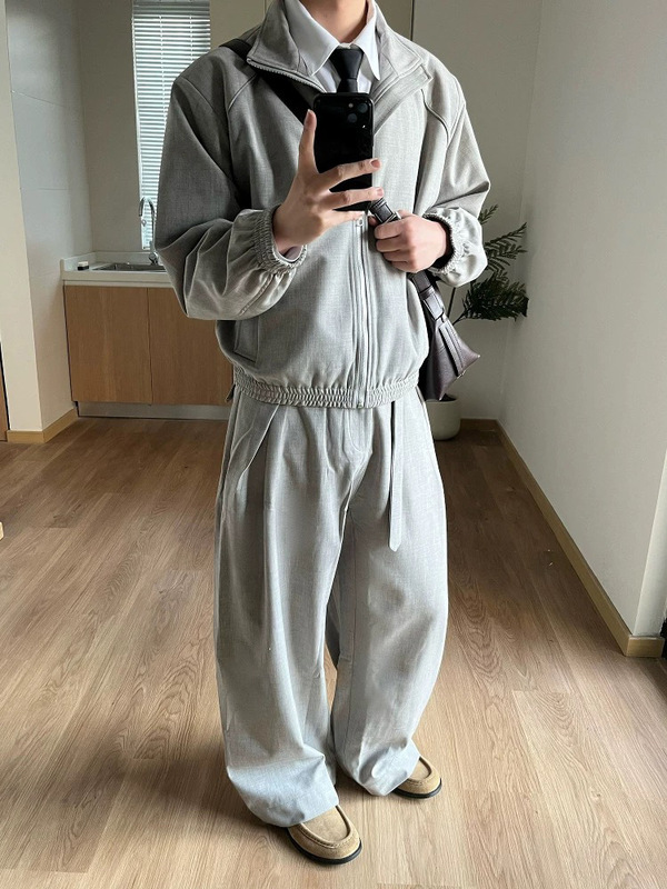 高級アセテートウール混リネン柄プリーツ「Zazen」ルーズカミーズパンツストレートワイドパンツ|undefined