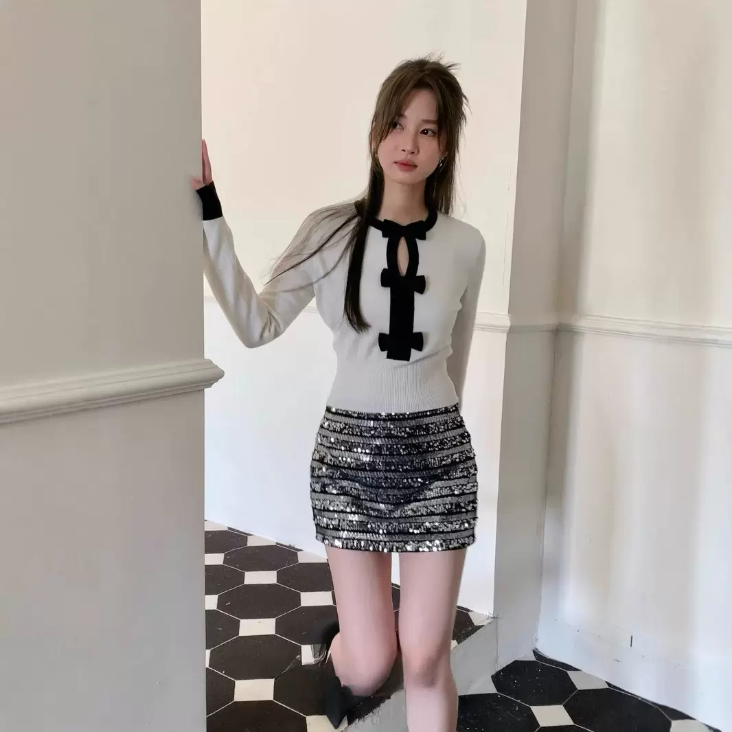 新款小众设计温柔甜美内搭打底毛衣手工蝴蝶结镂空收腰羊毛针织衫