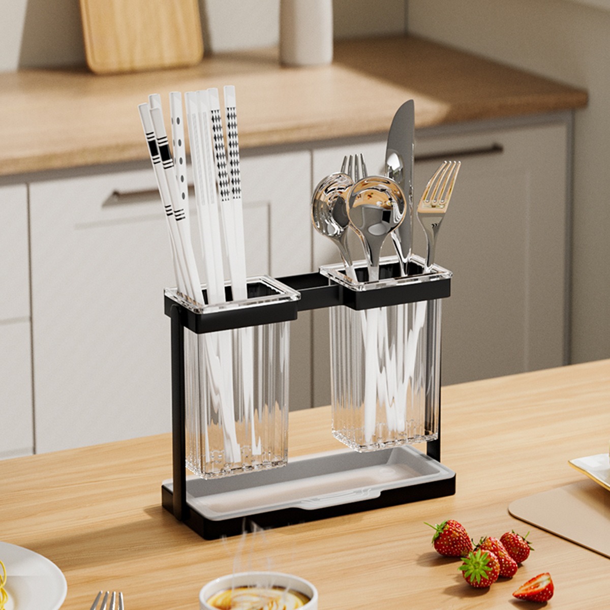 Caja de almacenamiento de palillos de mesa de estante de cocina, palillos de taza simple y doble de lujo ligero, palillos de cocina para uso doméstico con palillos de drenaje