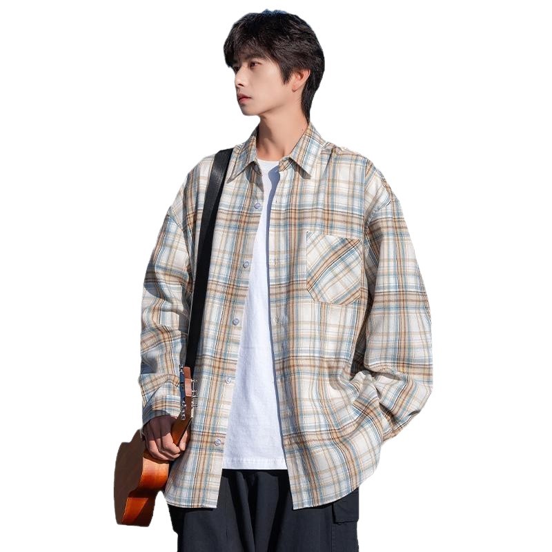 Camisa polo xadrez de manga comprida unissex, modelo folgado, para primavera e outono (nova coleção 2024), jaqueta fina casual para estudantes._voghion.com