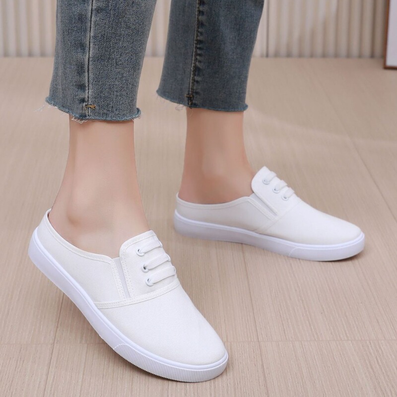 White Shoes Women's 2025 Summer New Two-Wear Heel Half Slippers Flat Slip-on All-Match Canvas Shoes Without Heel