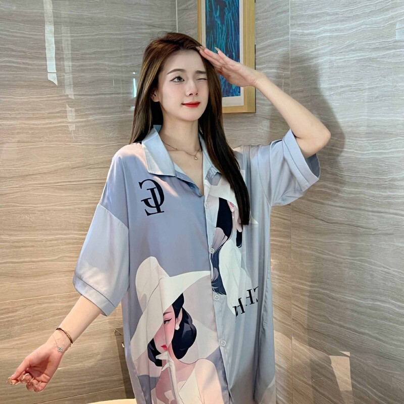 Shake sound explosion new nightgown ice silk mid-length can go out home clothing pure desire wind shirt pajamas women's summer